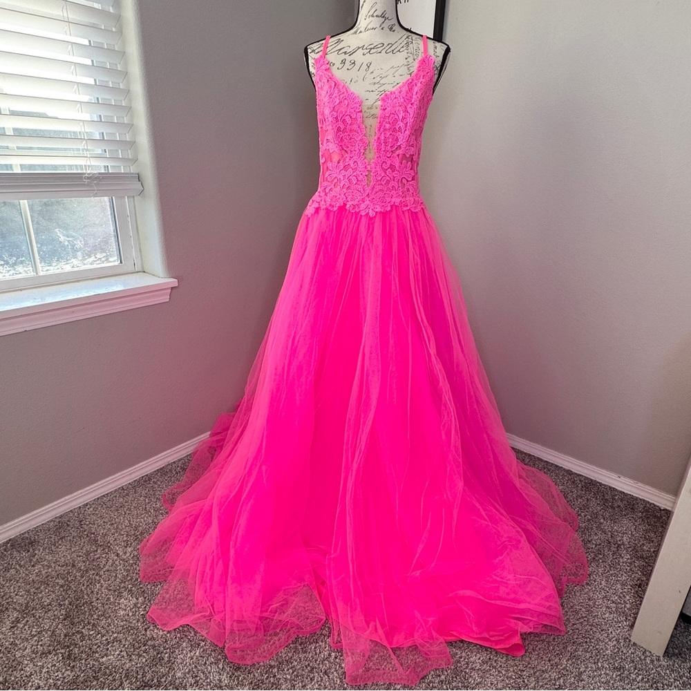 La Femme Neon Pink Tulle Side Slit Deep V Gown | 10